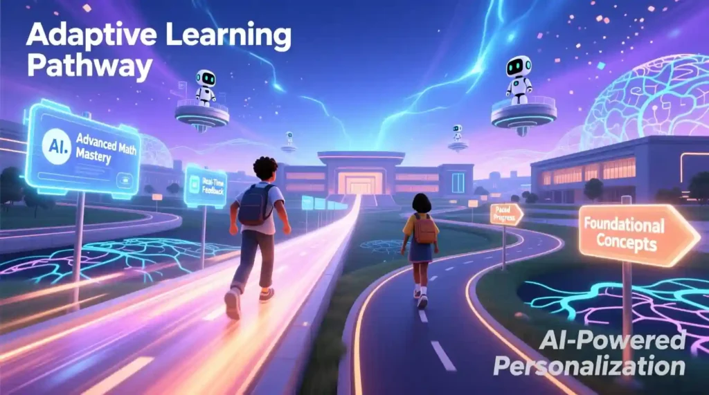 AI adaptive learning pathways adjusting difficulty for personalized online learning.