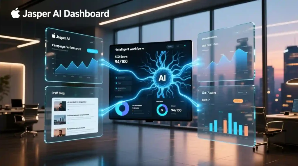 Jasper AI dashboard for content creation, marketing campaigns, and SEO optimization in 2025.