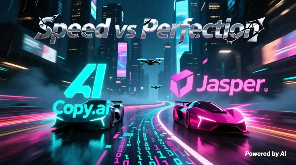 Copy.ai speed vs Jasper perfection graphic concept