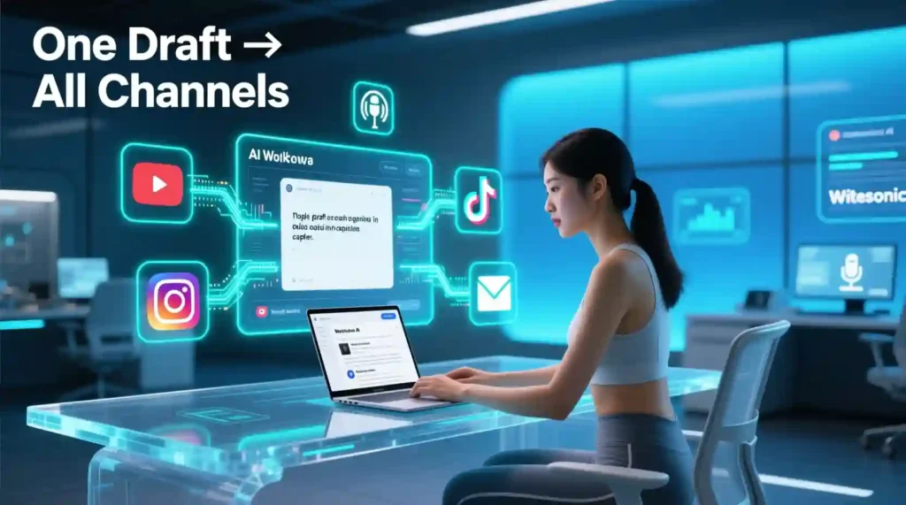 Writesonic AI repurposing content into blogs, social posts, and audio