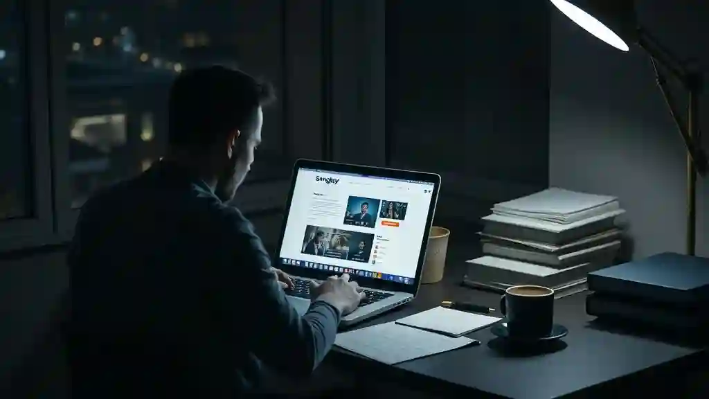 Songwriter exploring Songbay music licensing platform on laptop late at night.