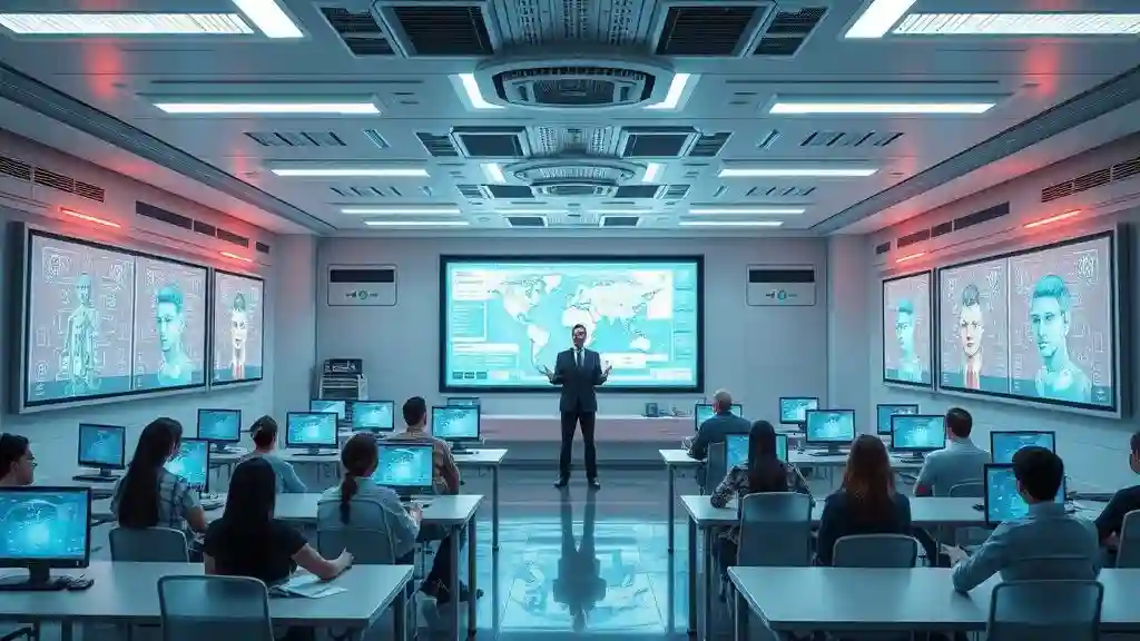 AI-powered online course creation in 2025 with futuristic digital classroom and global learners.