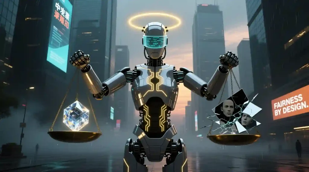 Ethics in AI represented by a robot holding justice scales