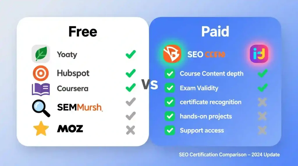 “Infographic comparing top free and paid SEO certification courses for 2025.”