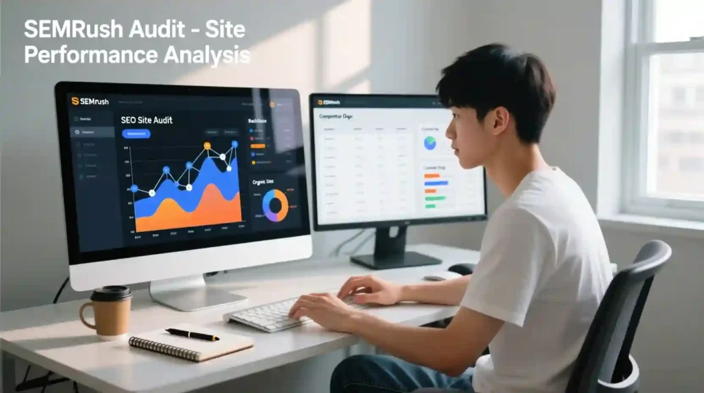 “Learner performing SEO site audit using SEMrush tools for certification training.”