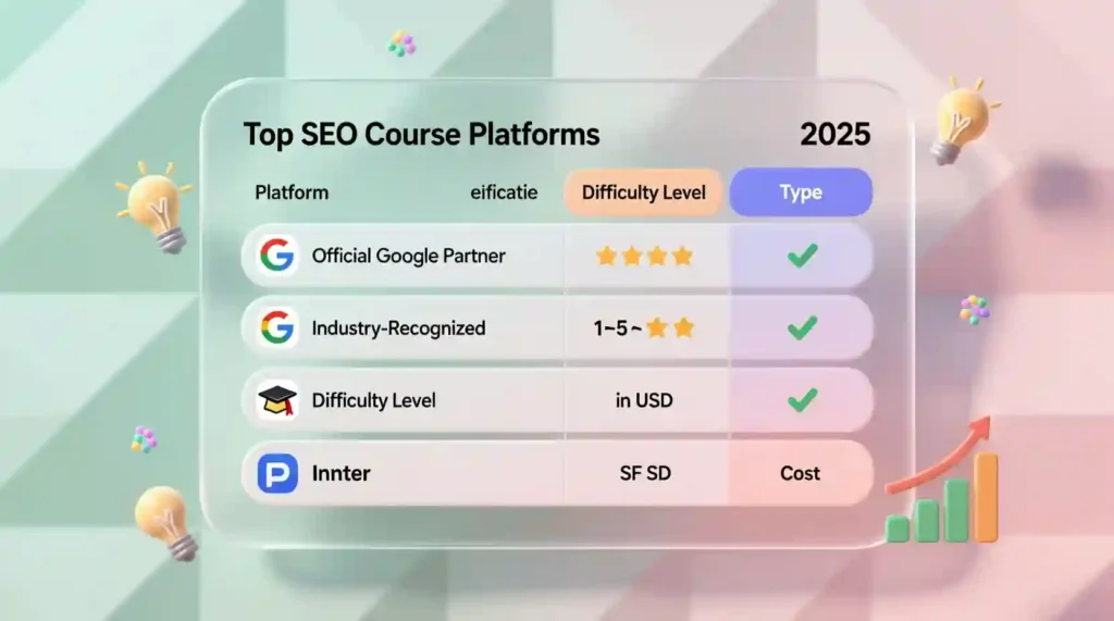 “Visual comparison of top SEO course platforms with certification level and pricing.”
