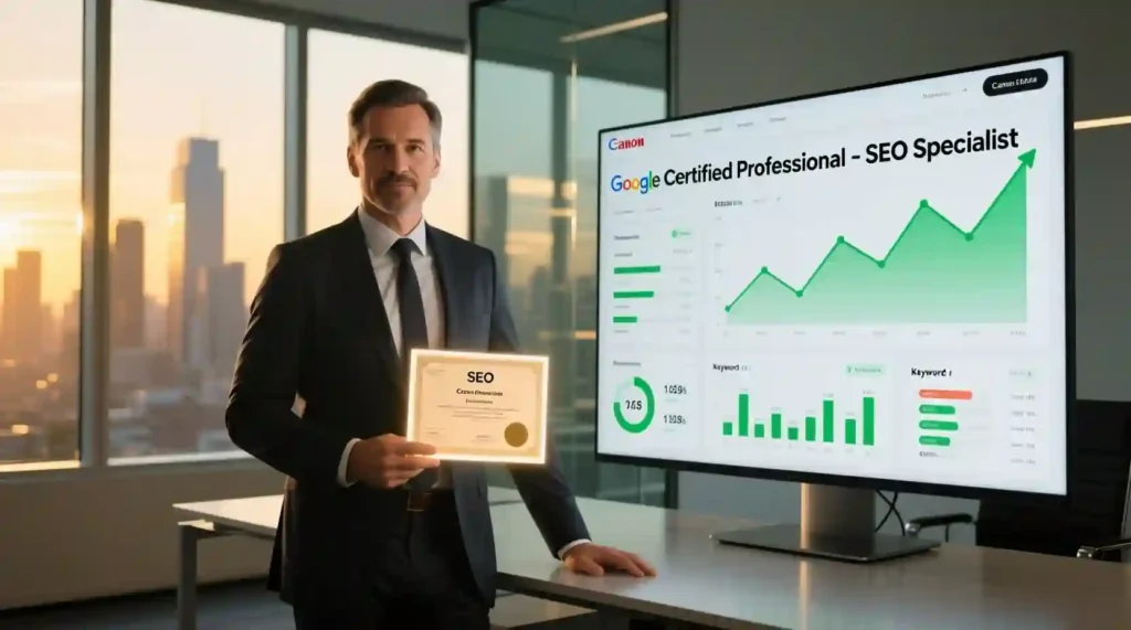 “Certified SEO professional celebrating completion of SEO training course in 2025.”