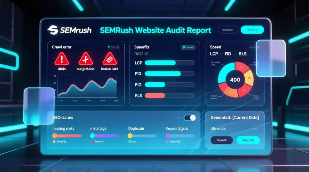 SEMrush site audit dashboard showing technical SEO errors and health score
