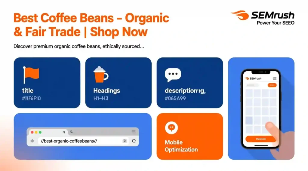 On-page SEO infographic showing meta tags, headings, and mobile optimization tips