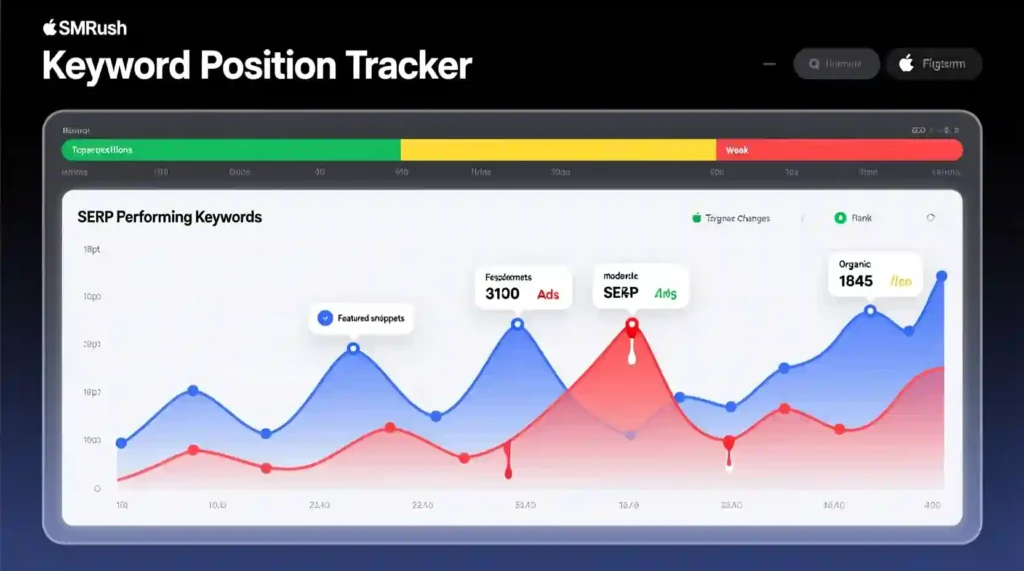 SEMrush keyword tracking dashboard showing ranking trends and SERP analysis