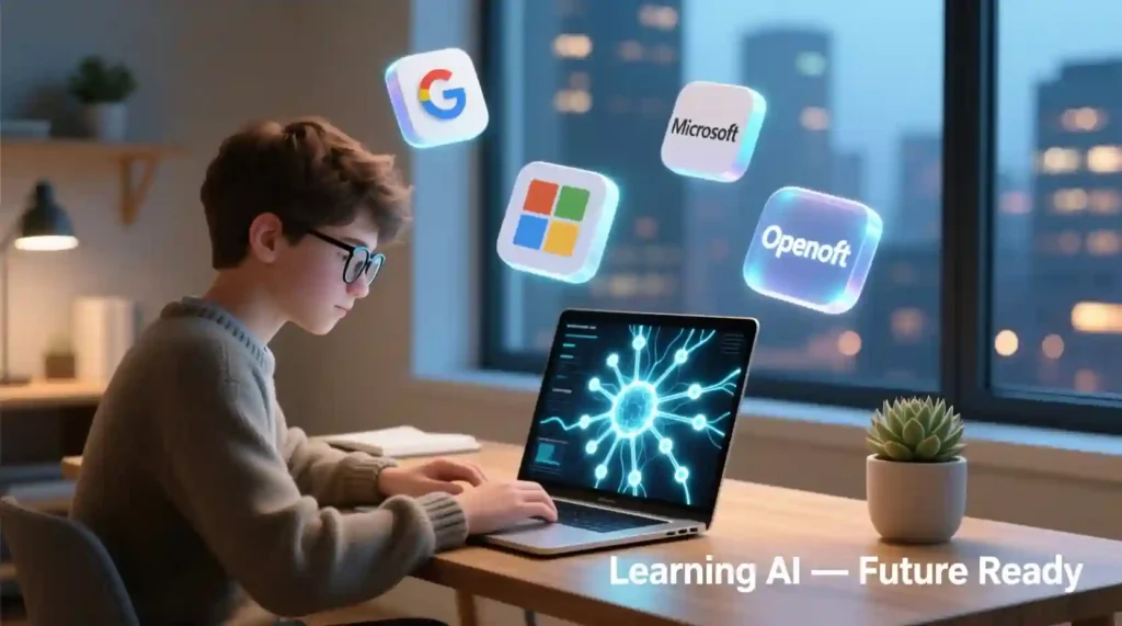 Beginner learning AI foundations through free online courses from Google, Microsoft, and OpenAI.