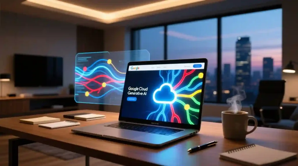 Google Cloud Generative AI course interface showing AI learning modules on a laptop screen.