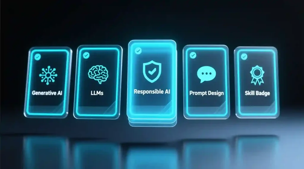 Google Cloud Intro to Generative AI five-module breakdown showing course topics and Skill Badge.