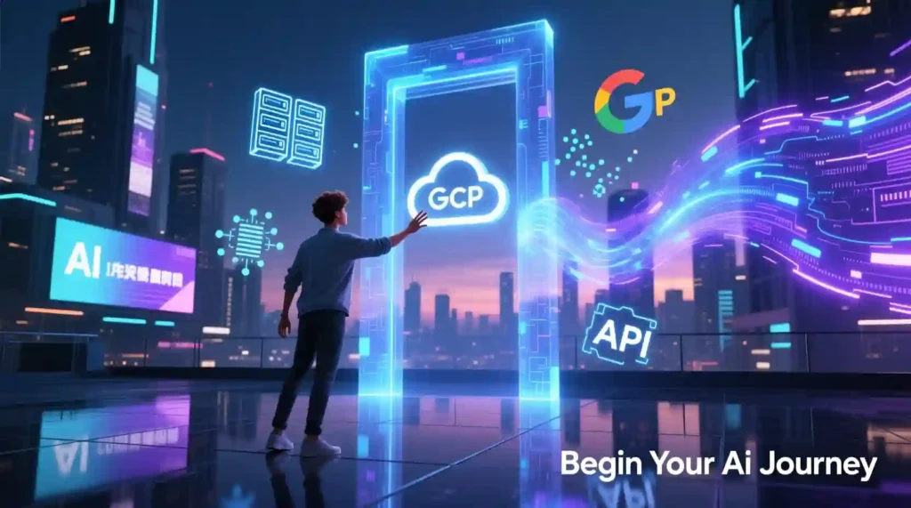 Creative visual of a learner stepping into the future through Google Cloud’s Generative AI learning path.