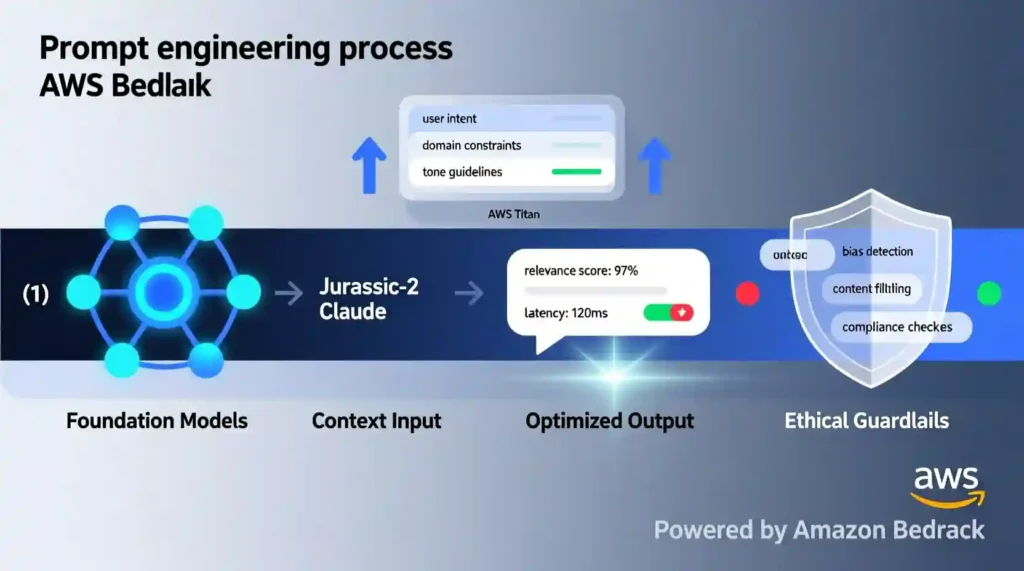 “Diagram explaining AWS Bedrock prompt engineering workflow with context and optimization”