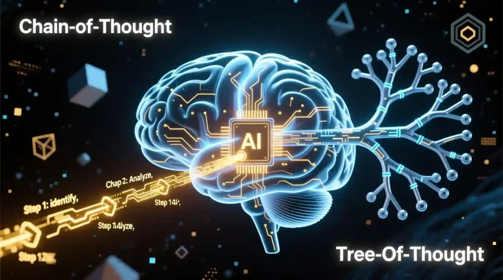 “Visualization of chain-of-thought and tree-of-thought prompting in AI reasoning”