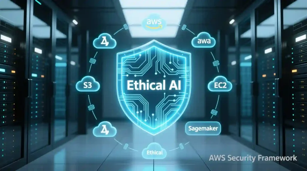 “AI ethics and guardrails concept with AWS Bedrock security visualization”