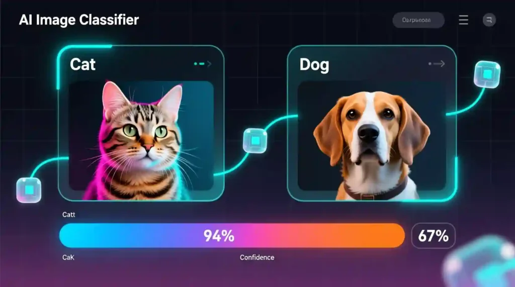 “AI image classifier visualizing cats vs dogs with labeled examples and colorful probability bars, modern data visualization style.”
