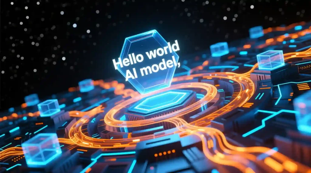 “3D illustration of a Transformer neural network analyzing text data streams glowing in blue and orange tones.”
