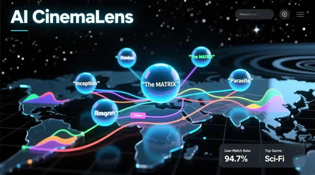 “Modern dashboard interface of an AI-powered movie recommendation system with colorful graphs and embeddings.”

