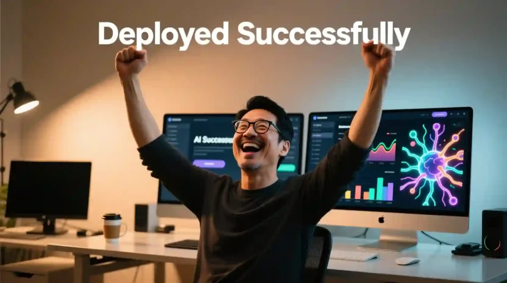 “Coder raising hands in excitement in front of computer screen displaying a deployed AI app, symbolizing success and empowerment.”
