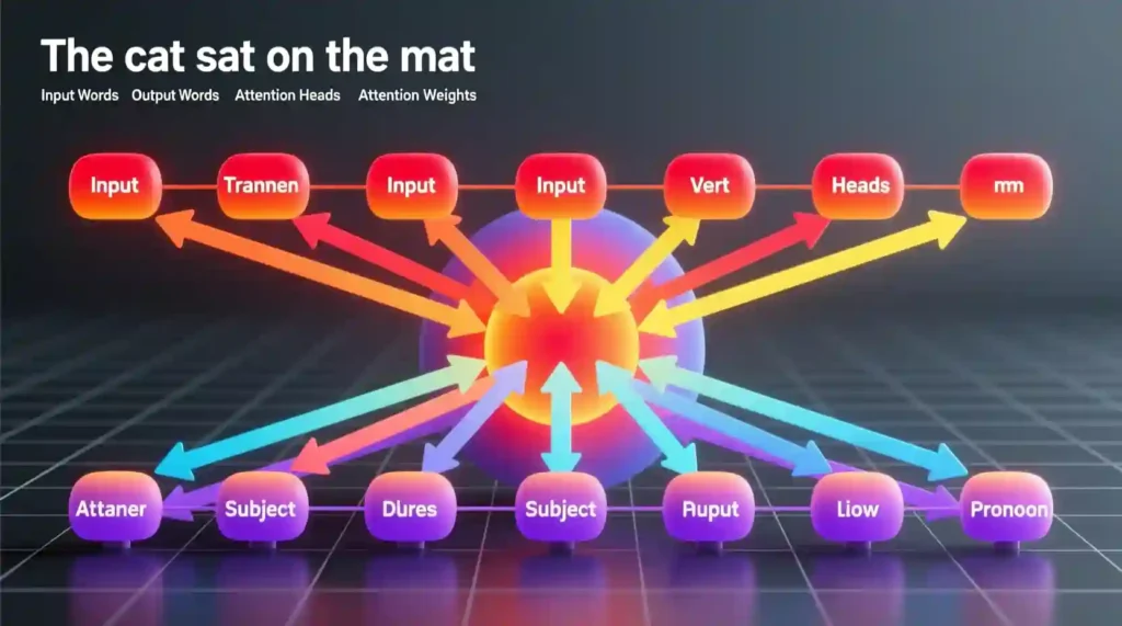 “Visual diagram of Transformer architecture with attention heads connecting words in a sentence, colorful neural attention heatmap style.”
