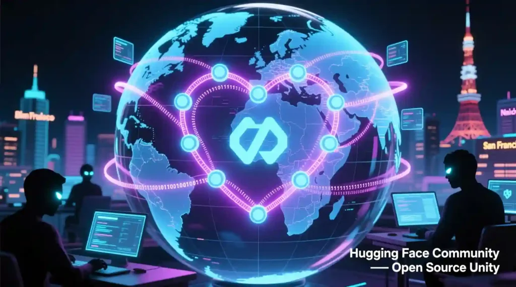 “Global network of coders connected by glowing data nodes forming a heart-shaped pattern, symbolizing the Hugging Face community.”
