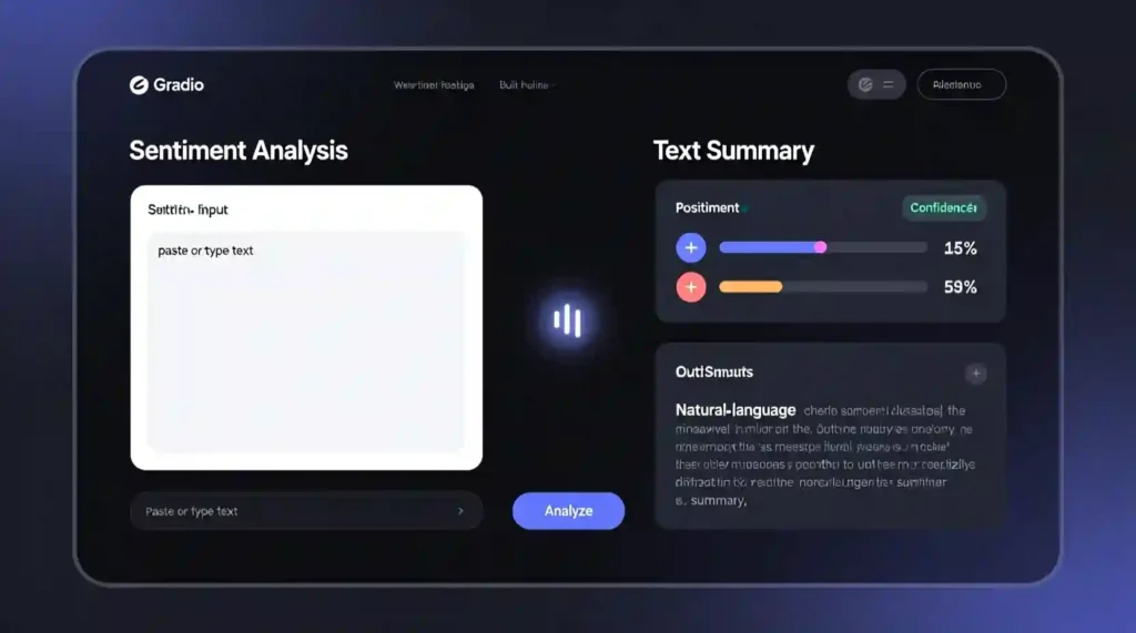 “Interactive web demo built with Gradio showing sentiment analysis and text summarization outputs side by side.”
