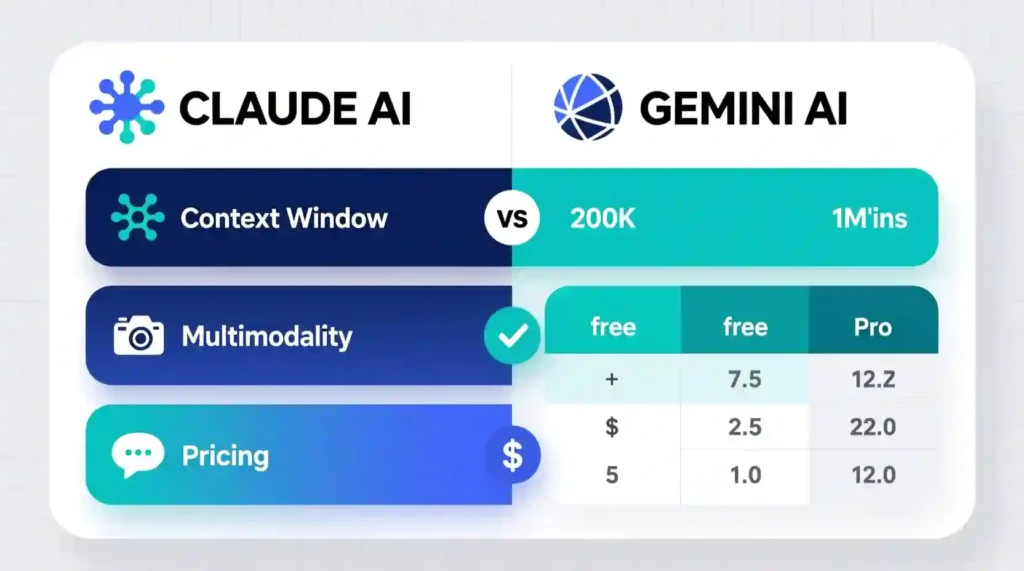 Claude AI vs Gemini AI comparison chart showing features and pricing.