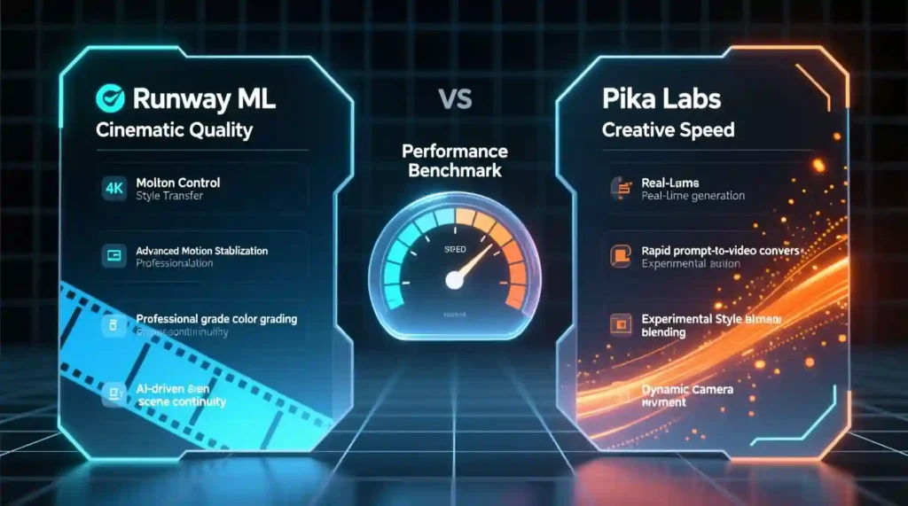 “Runway ML vs Pika Labs feature comparison chart for creators and filmmakers.”