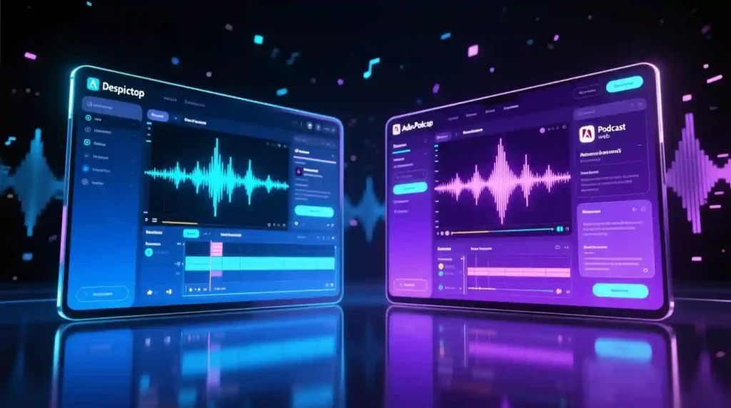“Creator editing audio transcript using Descript’s text-based interface.”