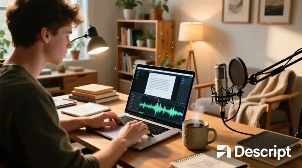 “Descript vs Adobe Podcast interface comparison – AI audio editing tools side by side.”