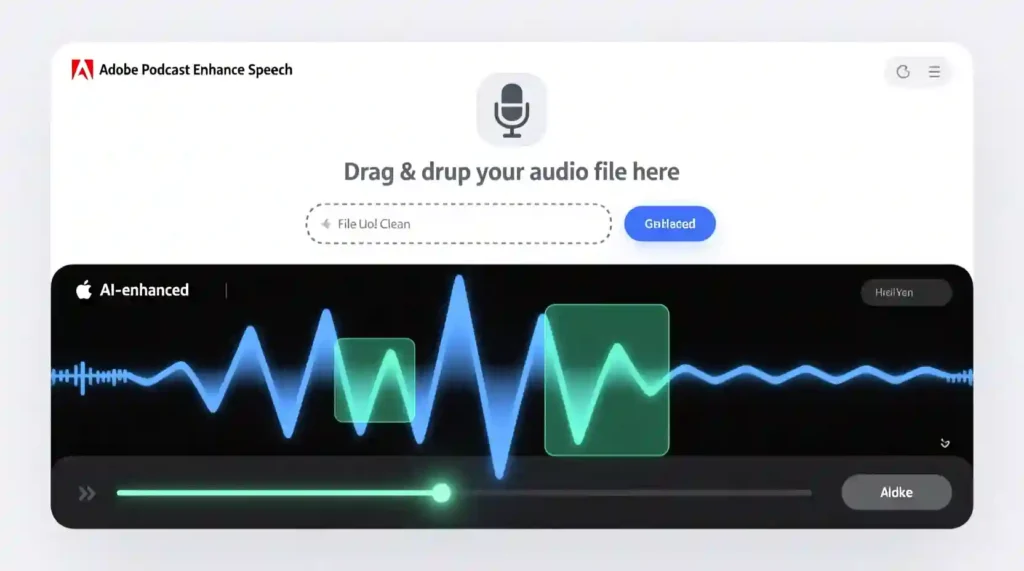 “Adobe Podcast Enhance Speech interface showing AI audio cleanup.”