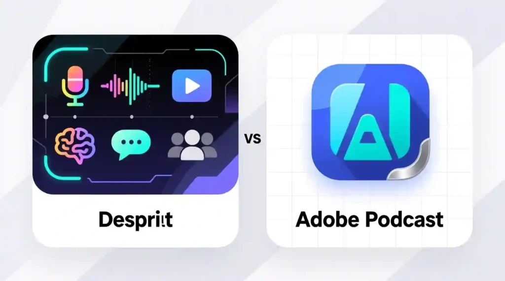 “Descript vs Adobe Podcast comparison infographic highlighting AI and workflow differences.”