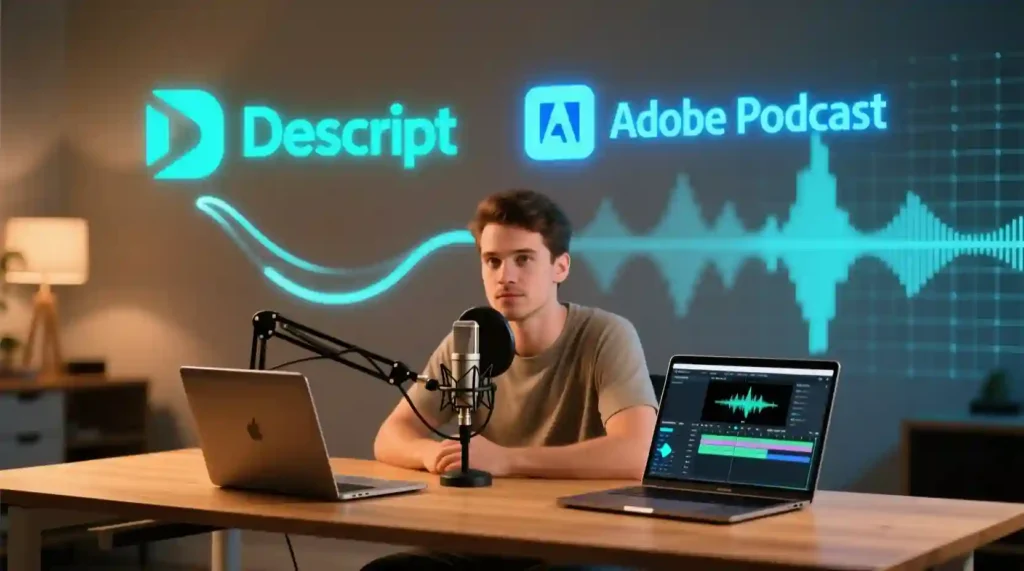 “Podcaster choosing between Descript and Adobe Podcast for editing.”