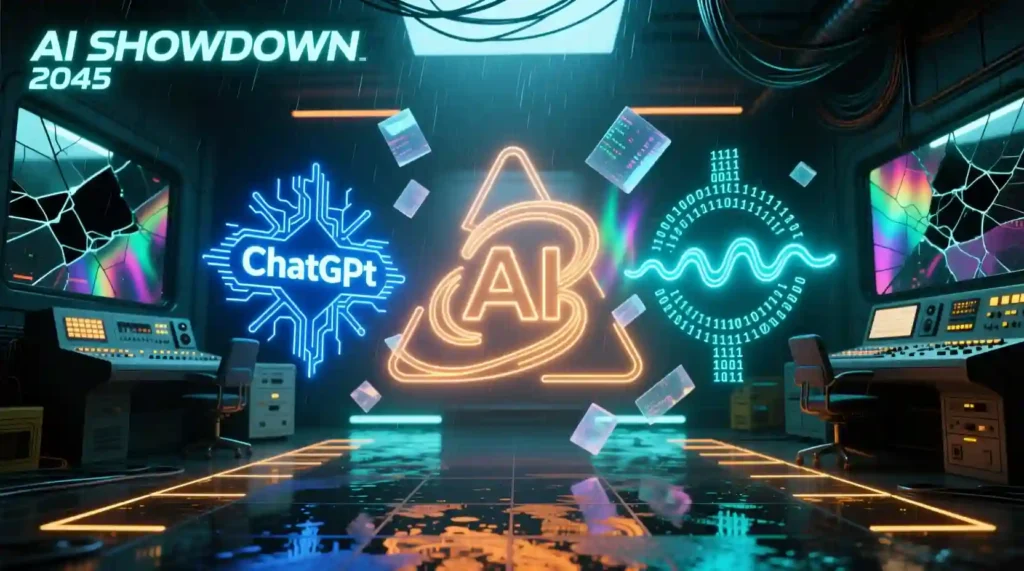“Futuristic illustration showing ChatGPT, Claude, and Gemini facing off in an AI showdown.”