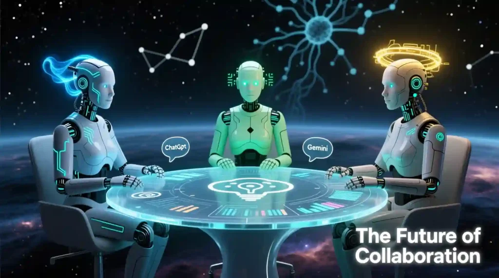“Symbolic image of ChatGPT, Claude, and Gemini as human-like AIs representing creativity, empathy, and logic.”