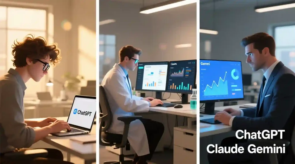 “Visual comparison showing ChatGPT for creators, Claude for thinkers, and Gemini for professionals.”