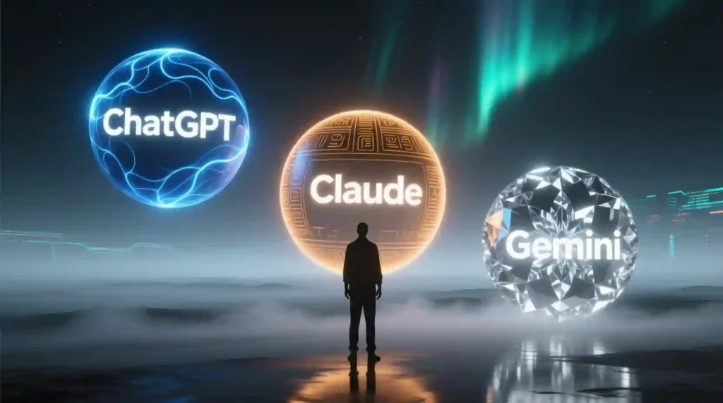 “Concept art of a creator choosing between ChatGPT, Claude, and Gemini, symbolizing personal AI connection.”