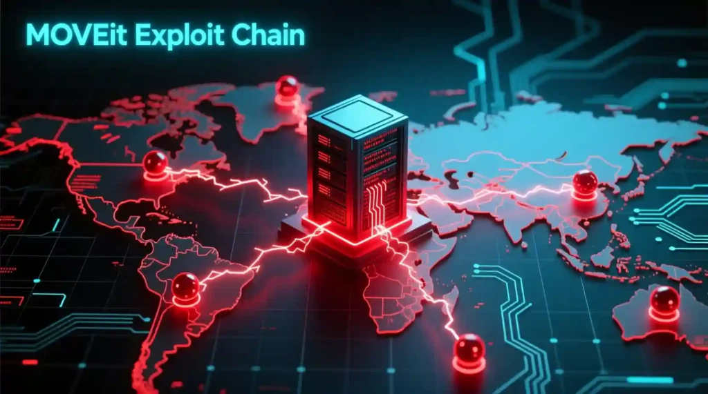 “Visualization of a global Zero-Day AI attack inspired by MOVEit exploit spreading across networks.”