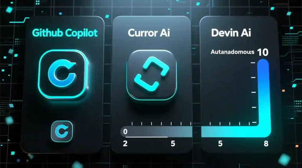 Comparison chart of Devin AI, GitHub Copilot, and Cursor AI autonomy levels