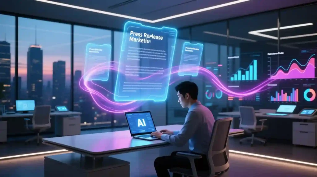 Marketer generating press releases using AI tools in a futuristic workspace.