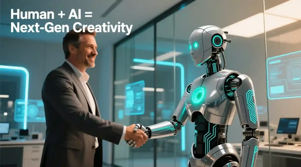 “Human PR writer shaking hands with a glowing AI robot assistant — symbolizing collaboration between human creativity and AI speed.”
