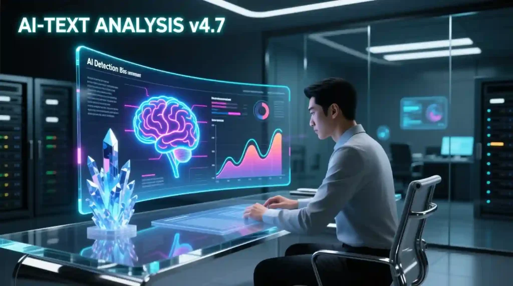 Person reviewing AI-generated content detection results on a futuristic screen.