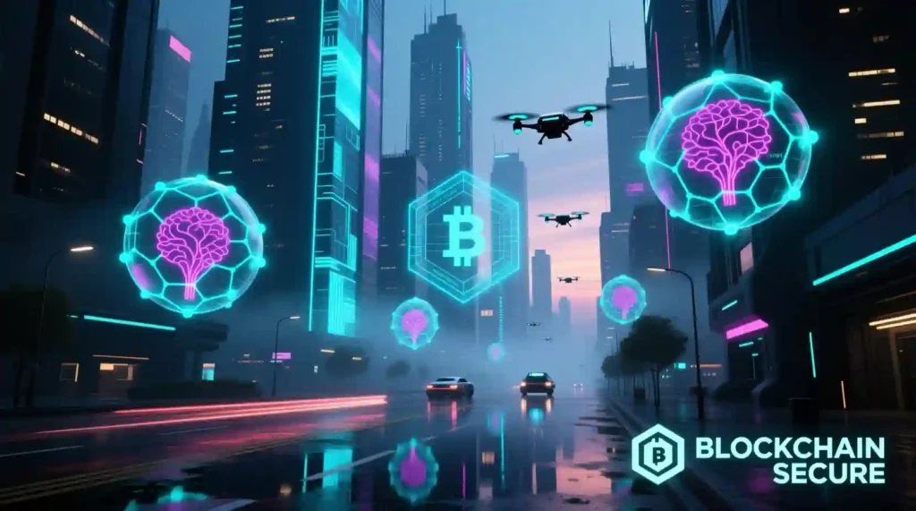 Futuristic concept showing watermarking and blockchain-based AI detection systems.