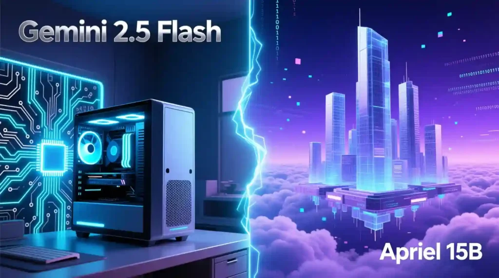 “Comparison of open-source Apriel 15B vs closed cloud Gemini 2.5 Flash highlighting AI ideology contrast.”