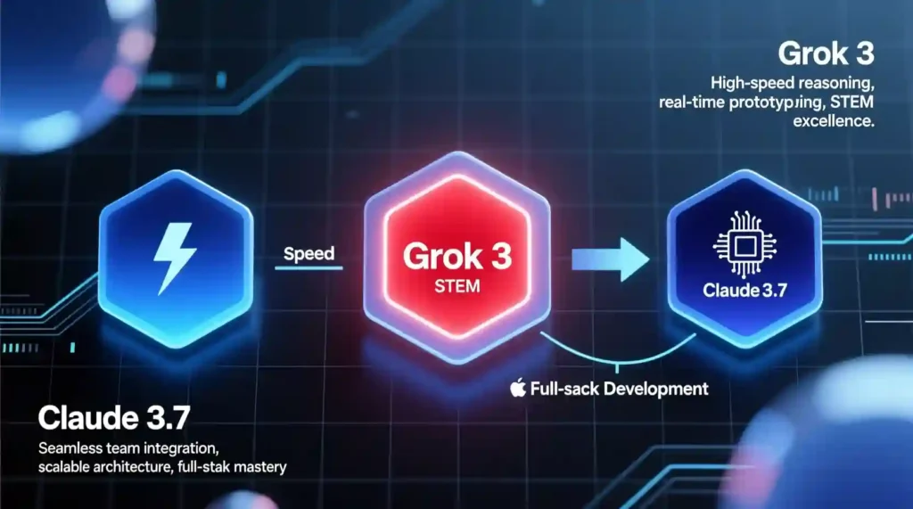 “Developer workflow diagram illustrating how Grok 3 and Claude 3.7 complement each other in coding.”