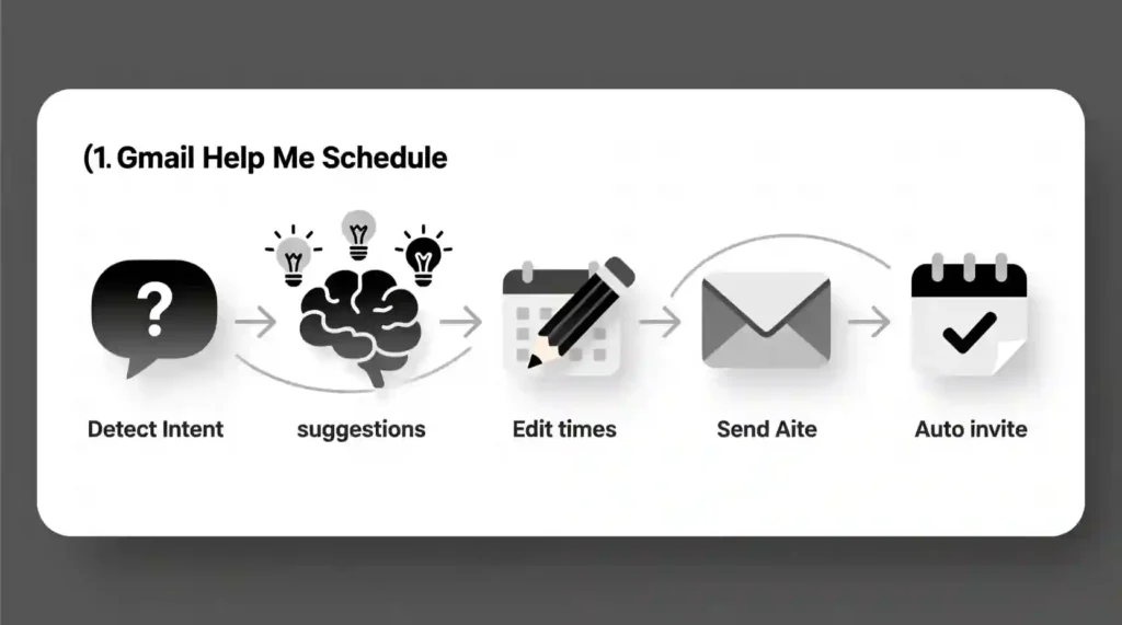 “Infographic showing how Gmail’s Help Me Schedule works step by step using Gemini AI.”