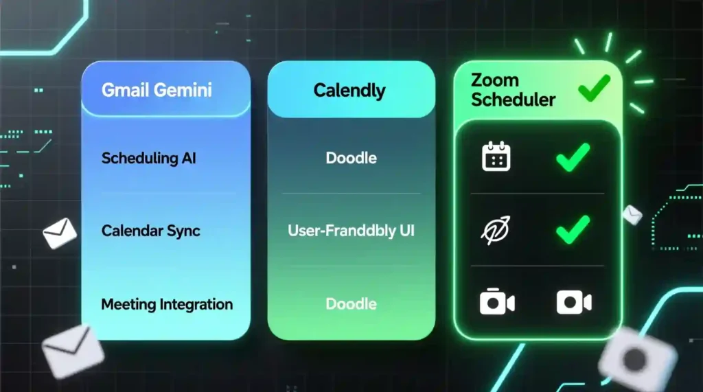 “Comparison chart showing Gmail Gemini outperforming other meeting schedulers like Calendly, Doodle, and Zoom.”