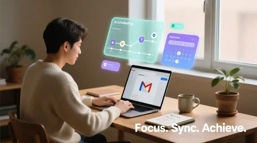 “Professional using Gmail Help Me Schedule with Gemini AI for seamless meeting automation.”